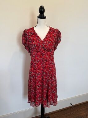 Calvin Klein Red Floral V-Neck Short Sleeve Dress Size 10